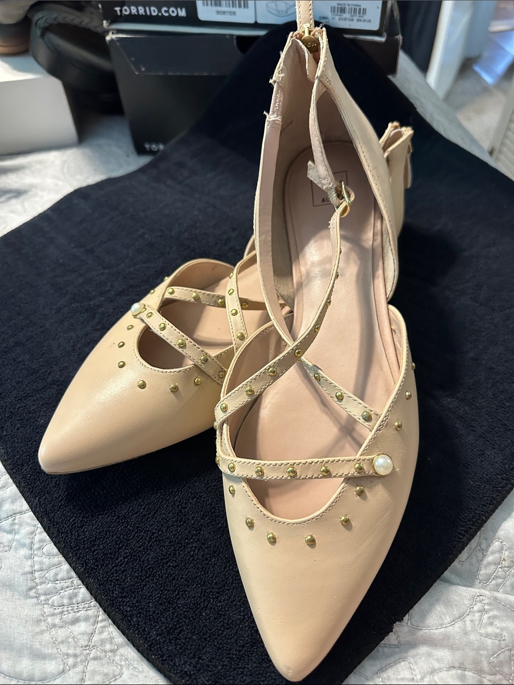 Women’s Blush Pointed-Toe Ankle-Strap Flats with Stud Detail